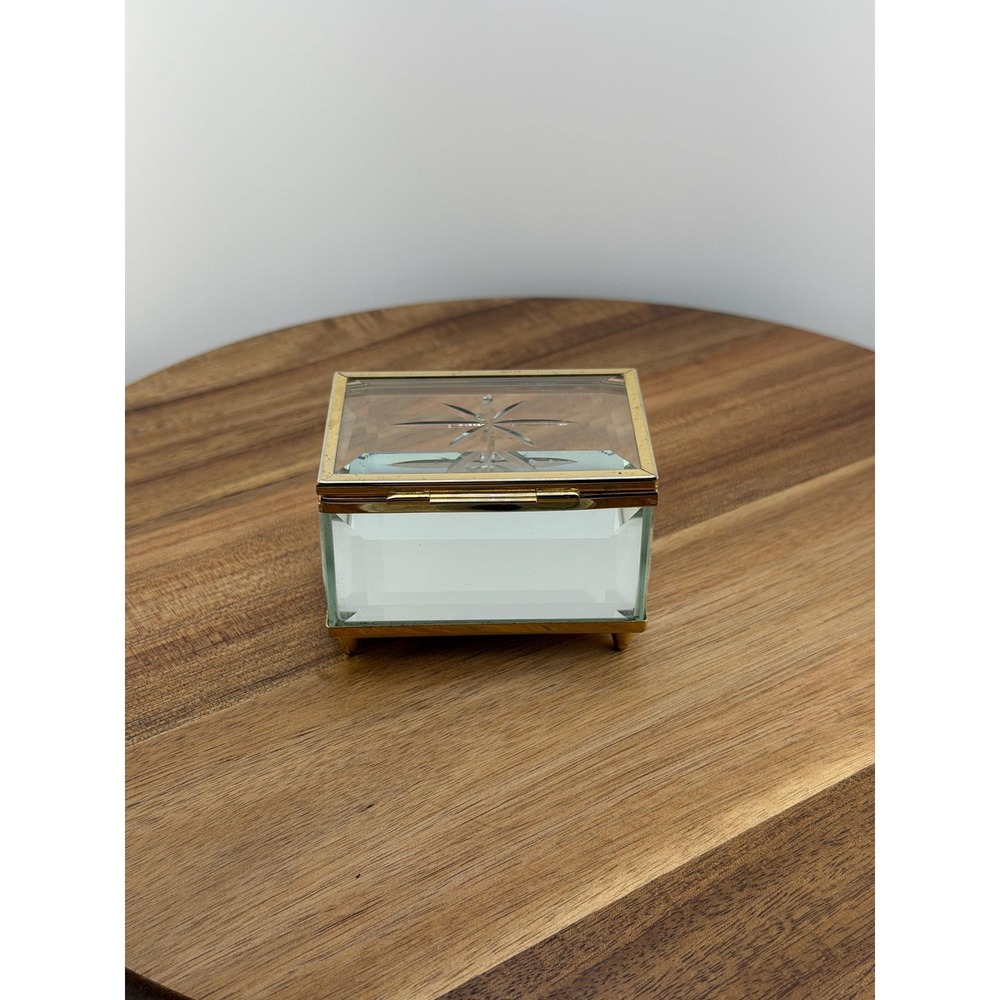 Vintage Beveled Glass Trinket Box Starburst Jewelry Box Brass Trim Pointed Feet - Picture 4 of 17